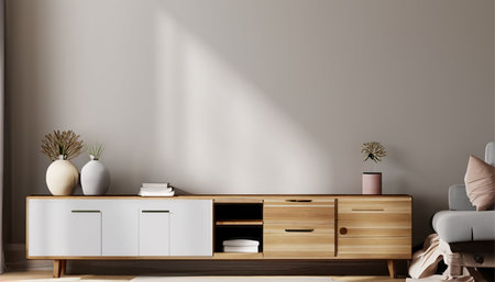 Interior of modern living room with white walls, concrete floor, comfortable sofa and coffee table. 3d renderingの素材