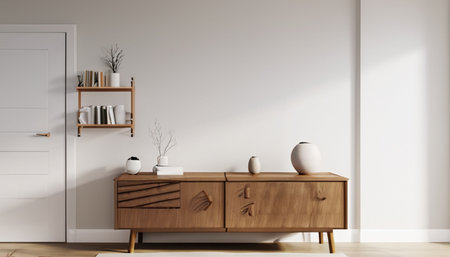 Interior of modern living room with white walls, wooden floor, comfortable wooden chest of drawers and bookcase. 3d renderingの素材