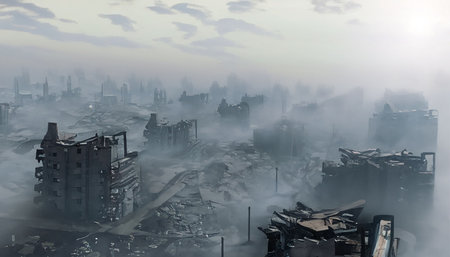3d render of a city with smoke and smog in the airの素材