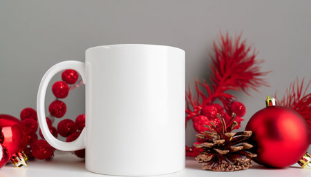 White mug mockup with red christmas decorations on grey background.の素材