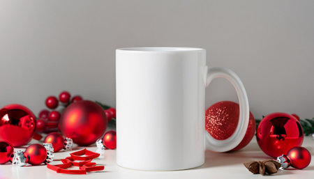 White mug mockup with red christmas decoration on white background.の素材