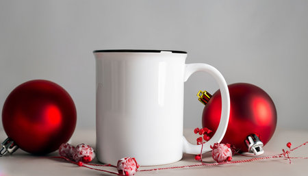 White mug with christmas decorations on a gray background. New Year concept.の素材