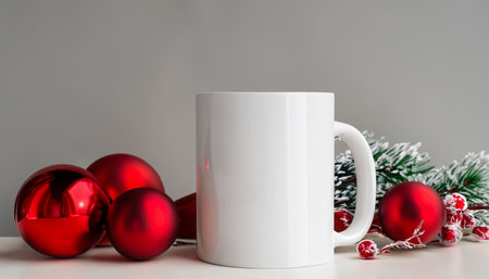 White mug mockup with red christmas balls and fir tree branchの素材