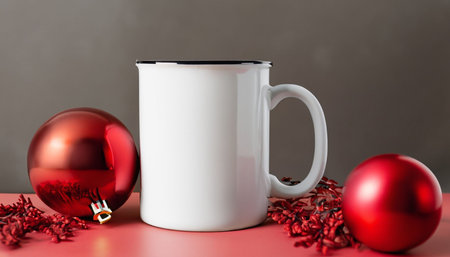 Mug mockup with christmas ornaments on red backgroundの素材