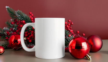 White mug mockup with christmas decorations. 3D illustration.の素材