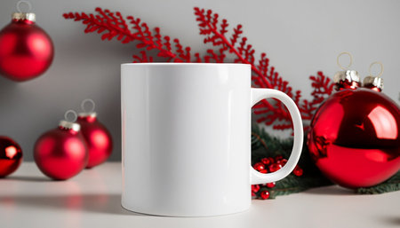 White mug mockup with christmas decorations on white background. 3D rendering.の素材