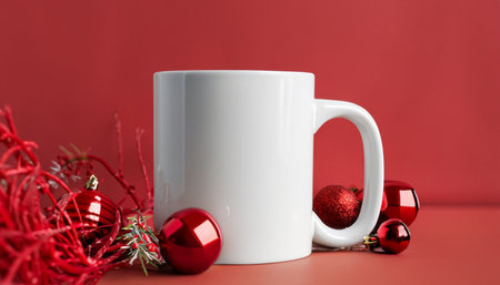 White mug with christmas decorations on a red background, close upの素材