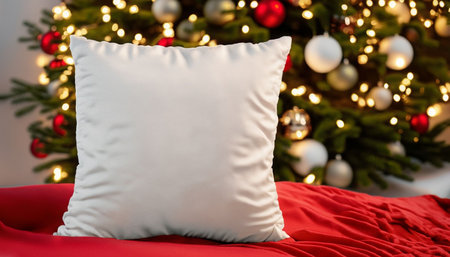 Close-up of white pillow on red bedding with christmas tree in background. mockupの素材