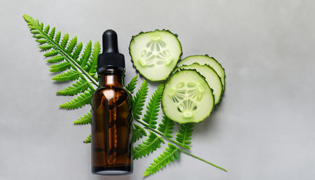 Cucumber essential oil in a glass bottle with fresh cucumber slices on a gray background.の素材