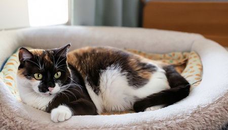 Beautiful cat lying on soft pillow in room. Fluffy petの素材