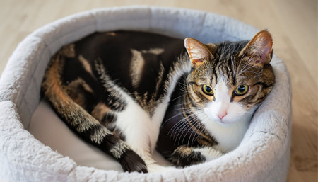 Cute tabby cat lying in a basket. Selective focus.の素材