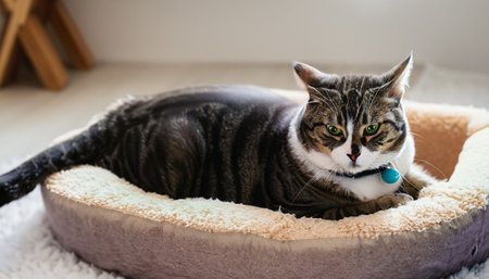 Cute cat lying on soft pillow at home. Adorable petの素材