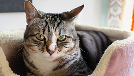 Beautiful tabby cat with green eyes lying on sofa at homeの素材