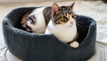 Beautiful tabby cat lying in cat bed, closeup.の素材