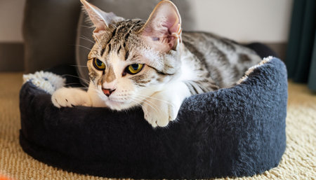 Cute tabby cat lying in cat bed and looking at cameraの素材