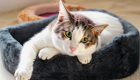 Beautiful cat lying on bed, close-up. Pet conceptの素材