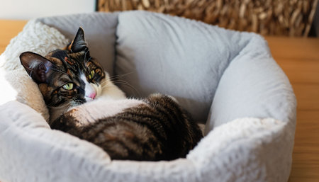 Portrait of a beautiful cat lying on a sofa in the living roomの素材