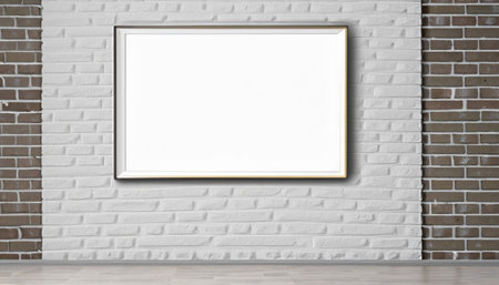 Blank picture frame on brick wall background. Mock up, 3D Renderの素材