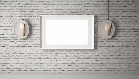 White blank picture frame hanging on the brick wall. 3d renderingの素材