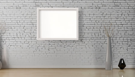 Modern bright interiors apartment with mockup poster frame 3D rendering illustrationの素材