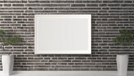 Blank picture frame on brick wall background, 3d render.の素材