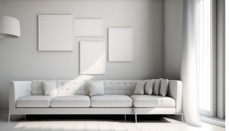 modern bright interiors apartment living room with white sofa 3D rendering illustrationの素材