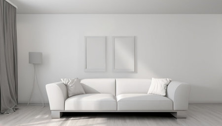 Modern bright interiors 3D rendering illustration of room with white sofaの素材