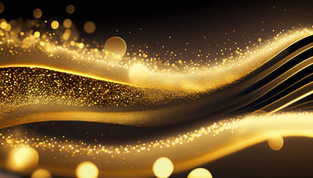 Golden glittering waves with bokeh effect on black background. Vector illustrationの素材