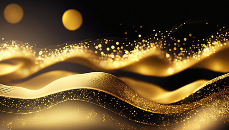 Abstract gold wave with bokeh effect on black background. 3d renderの素材