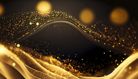 Abstract gold wave with bokeh effect on black background. Vector illustrationの素材