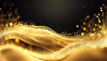 Abstract gold wave with bokeh lights on black background. Vector illustrationの素材