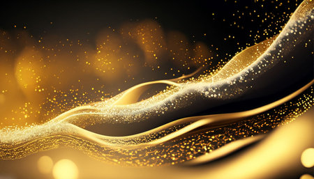 Abstract golden wave with sparkles on black background. Vector illustration.の素材