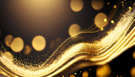 Golden glittering particles with bokeh effect on black background. Luxury festive background.の素材