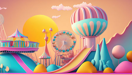 Cartoon amusement park with roller coaster and hot air balloons. Vector illustrationの素材