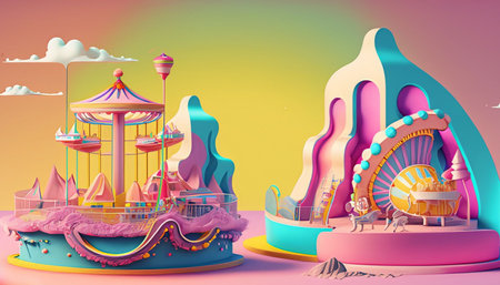 Amusement park with carousels and horses. 3d illustrationの素材
