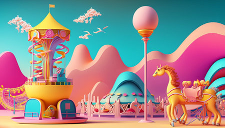 Fantasy landscape with a carousel and horses. 3d renderingの素材