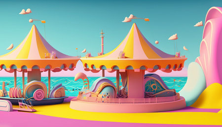 Amusement park on the sea. 3d render illustration.の素材