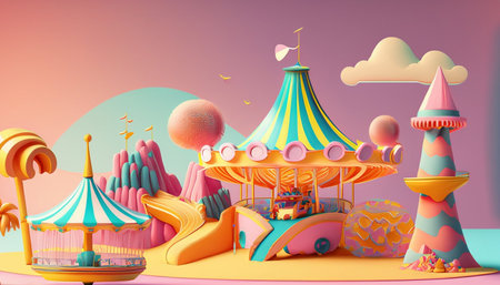 Playground with carousel. 3d render. Illustration.の素材