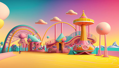 Amusement park with childrens rides. 3d render.の素材