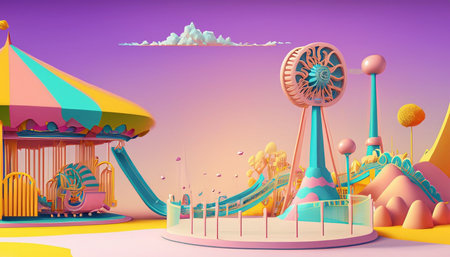 Amusement park in the evening. 3d render illustration.の素材