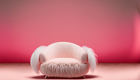 Pink sofa with fur on a pink background. 3d rendering.の素材
