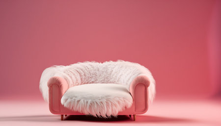 Pink sofa with white fur on a pink background. 3d renderingの素材