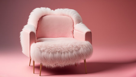 Pink armchair with white fur on a pink background. 3d renderingの素材