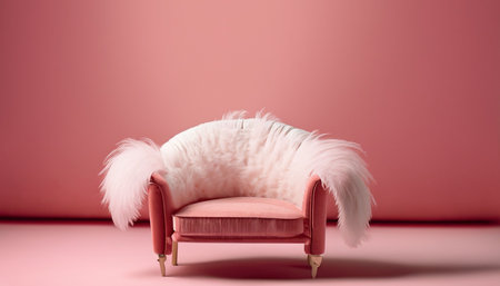 Pink sofa with white fur on a pink background. 3d renderingの素材