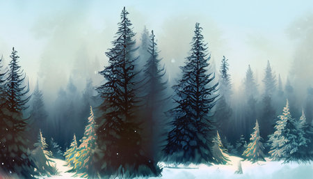 Fantasy winter landscape with coniferous forest. Vector illustration.の素材