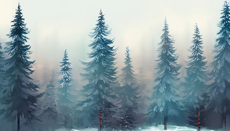 Foggy winter forest with fir trees. 3d illustration.の素材