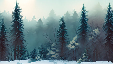 Foggy winter landscape with coniferous forest in fog.の素材