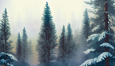 Foggy winter landscape with snowy fir trees. 3d illustrationの素材