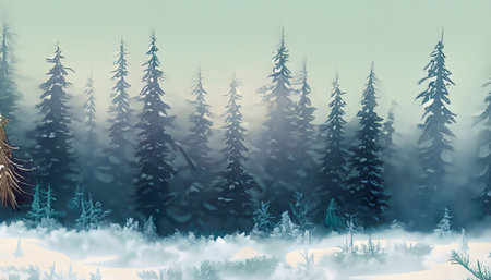 Fantasy winter landscape with snow covered fir trees and coniferous forest.の素材