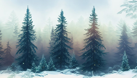 Winter landscape with snow covered fir trees and fog. 3d illustrationの素材